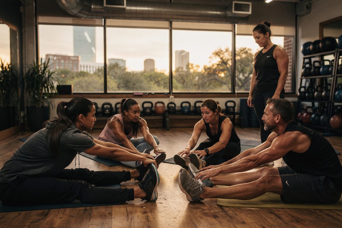 Clients warming up before a group technique class at Totex Movement Studio